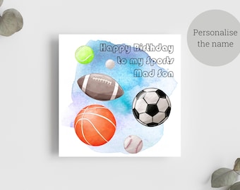 Geburtstagskarte für Sohn, Vater, Schwester, Tochter, Bruder, Neffe, etc. / Sports Mad / Football, Tennis, Basketball, Golf, Baseball, Rugby