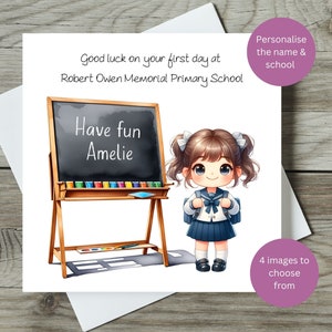 Schulanfang Karte / 4 Bilder zur Auswahl / Personalisierte Good Luck Karte / Mädchen und Kreidetafel