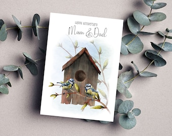 Anniversary Card For Mum & Dad / Happy Anniversary / Bluetits and Birdhouse / 5" x 7" Card