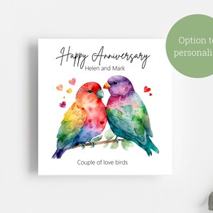 Personalisierte Karte zum Jahrestag / Happy Jubiläum / Liebesvögel / Aquarell Vögel / Quadratische Karte
