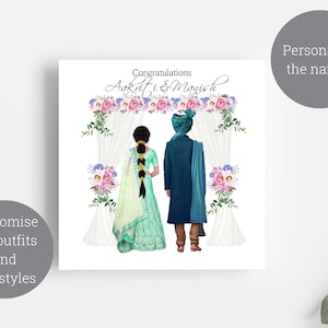 Indische Hindu Hochzeitskarte / indische Braut und Bräutigam Hochzeitskarte / personalisierte Namen / individuelle Outfits und Frisuren / quadratische Karte