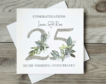 Silver Wedding Anniversary Card / 25th Wedding Anniversary Card / Personalised Anniversary Card / Silver Number with Embellished Greenery