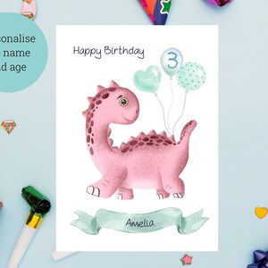 Dinosaurier Geburtstagskarte / Kindergeburtstagskarte personalisiert / Personalisiere Name und Alter / Süsser Rosa Dinosaurier / 1., 2., 3., 4