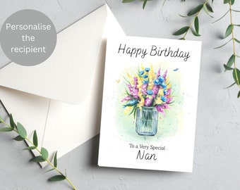Personalised Birthday Card for Mum, Nan, Sister, Friend etc.  Beautiful Vase of Flowers Wild Flowers Watercolour Art