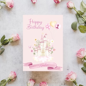 Erste Geburtstagskarte / personalisierte Karte / Prinzessin Schloss / kleines Mädchen / Zahl 1
