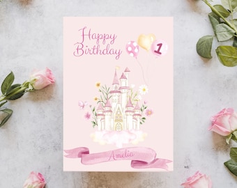 First Birthday Card / Personalised Card / Princess Castle / Little Girl / Balloons / Number 1