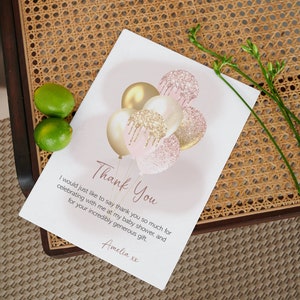 Babyparty Dankeskarten / Pack von Dankeskarten / Rosa und Gold Luftballons / Personalisiert