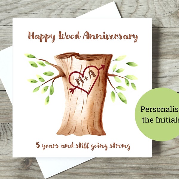 Personalised 5th Anniversary Card / Happy Anniversary / Wood Anniversary / Initials Carved in a Tree Trunk / Square Card