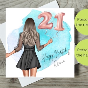 Personalisierte 21. Geburtstag Karte / Mädchen mit 21. Geburtstag Luftballons / Personalisieren Sie den Namen und die Frisur / Quadratische Karte 14,5 cm x 14,5 cm