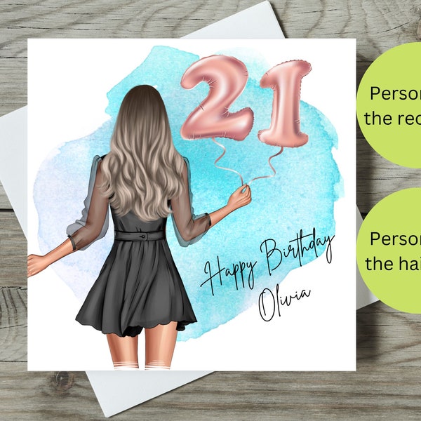 Personalised 21st Birthday Card / Girl Holding 21st Birthday Balloons / Personalise the Name and the Hairstyle / Square Card 14.5cm x 14.5cm