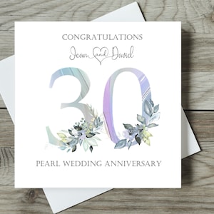 Perlenhochzeit Jahrestagskarte / 30. Hochzeitsjubiläumskarte / personalisierte Jahrestagskarte / Perlen-Zahl mit verziertem Grün