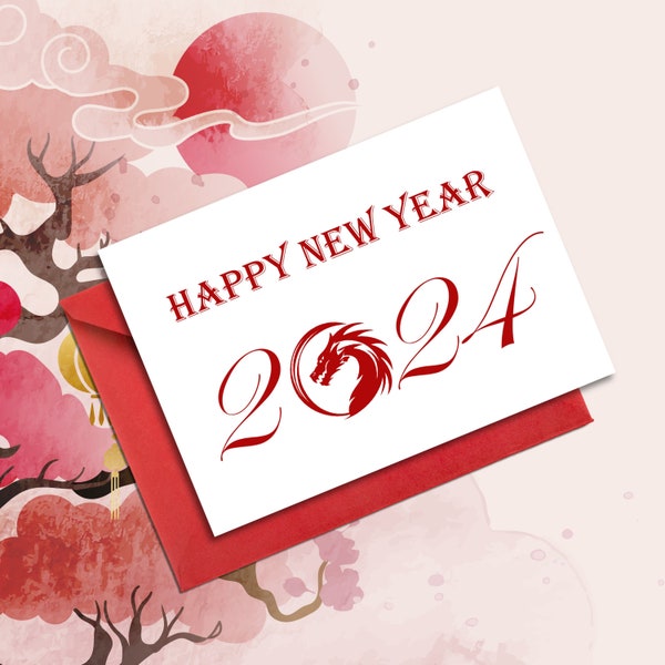 Carte de nouvel an chinois / Joyeux nouvel an chinois / Carte de nouvel an 2024 / Année du dragon / Carte de 5 x 7 po. avec enveloppe rouge