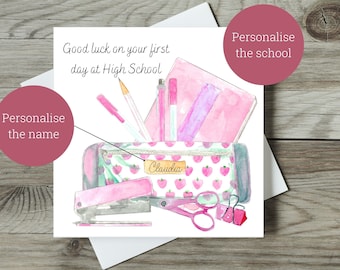 First Day at High School Card / Secondary School Card / Personalised Good Luck Card / Pink Watercolour School Items