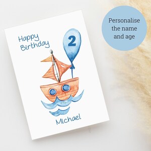 Geburtstagskarte für kleinen Jungen / personalisierte Kindergeburtstagskarte / Boot und Ballon / personalisierte Name und Alter / Karte für Kind