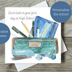 Erster Tag in der High School Karte / Sekundarschulkarte / Personalisierte Viel Glück Karte / Blaue Aquarell Schulartikel