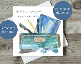 First Day at High School Card / Secondary School Card / Personalised Good Luck Card / Blue Watercolour School Items