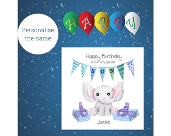 Birthday Card for Son / Cute Elephant and Bunting / Son Birthday Card / Square Card