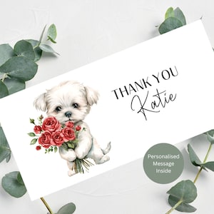 Personalisierte Dankes-Geldbörse / Personalisierter Name und Nachricht Innen / Für jeden Anlass / Süßer Hund und Rosen / 21 cm x 10 cm