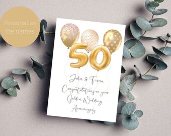 Golden Wedding Anniversary Card / 50th Wedding Anniversary Card / Personalised Anniversary Card / Gold Balloons / 5x7 Inch Card