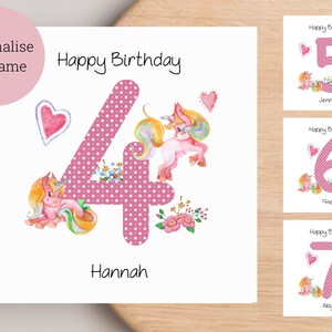 Geburtstagskarte für Mädchen 4 Jahre / 5 Jahre, 6 Jahre, 7 Jahre / Viele Einhörner umgeben / Personalisierte Geburtstagskarte / Quadratische Karte