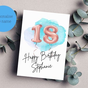 18. Geburtstagskarte / Zahl 18 Geburtstagsballons / Personalisierte Geburtstagskarte / Rosa Geburtstagsballons / 5 "x 7" Karte