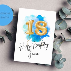 18. Geburtstagskarte / Zahl 18 Geburtstagsballons / Personalisierte Geburtstagskarte / Gold Geburtstagsballons / 5 "x 7" Karte
