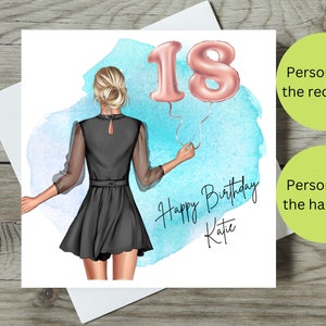Personalisierte 18. Geburtstag Karte / Mädchen mit 18. Geburtstag Luftballons / Personalisieren Sie den Namen und die Frisur / Quadratische Karte 14,5 cm x 14,5 cm