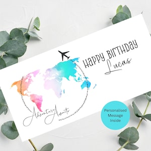 Personalisierte Geburtstagsgeldbörse / Geburtstagsgeschenk für das Thema Reise / Personalisierter Name und Nachricht im Inneren / 21 cm x 10 cm