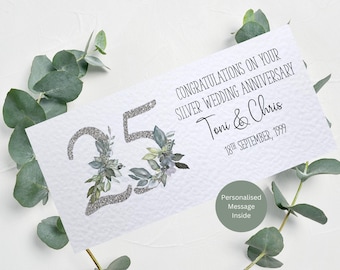 Personalised Silver Wedding Anniversary Money Wallet / Anniversary Gift / Personalised Names and Message Inside / 21cm x 10cm