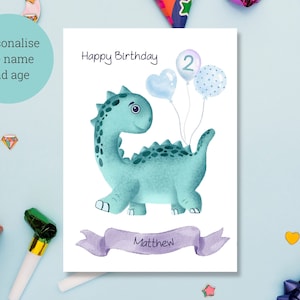 Dinosaurier Geburtstagskarte / Kindergeburtstagskarte / Personalisierte Name und Alter / Niedlicher blauer Dinosaurier / 1., 2., 3., 4