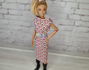 Vintage style dress for 29cm fashion dolls. Burgundy dress. Vintage fashion doll clothes. 1/6 scale doll outfit.