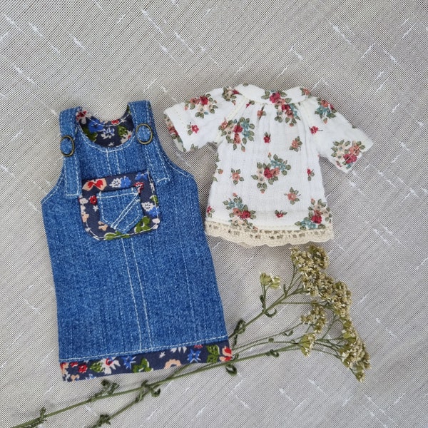 Denim outfit for blythe doll pullip obitsu licca Floral t-shirt and blue denim overalls blythe Blythe clothes Custom blythe doll