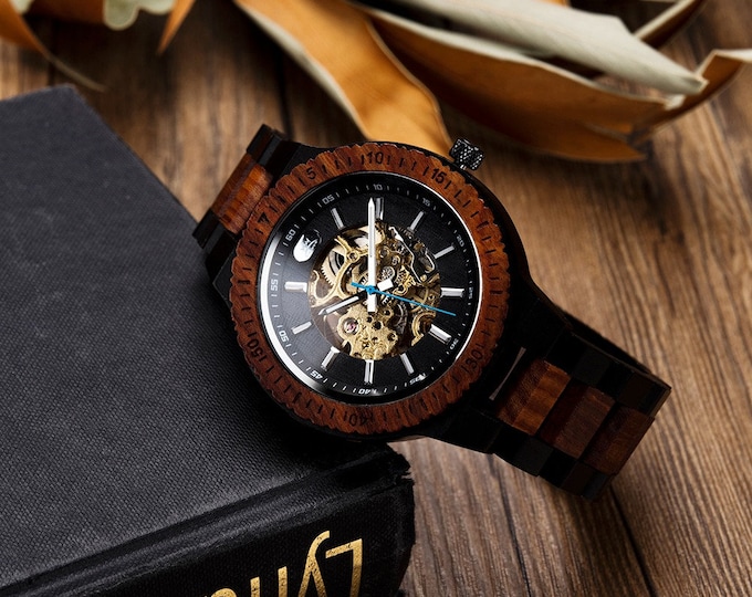 WUDMAX Automatic Engraved Watch - Personalized Gift for Him, Anniversary Gift, Wooden Watch with Engraving, Unique Wood Watch Men’s