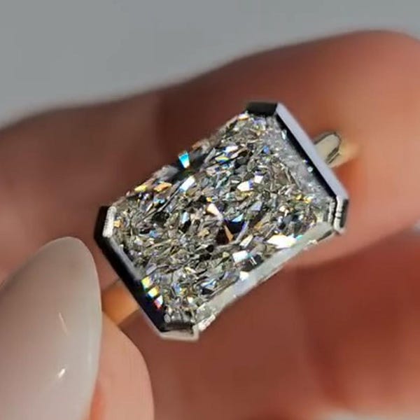 3CT Radiant Moissanite Ring: 14K Gold Half Bezel East West Solitaire