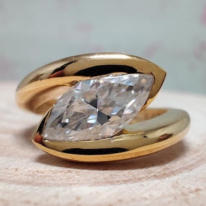 Fancy Marquise Moissanite Engagement Ring, East to west Unique Tension Set Swirl Bypass Wedding Ring, 14k Gold Anniversary Gift For Women