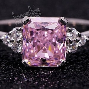 Pink Diamond Ring Engagement Ring, 3CT Radiant Cut Pink Sapphire Gemstone Ring, Statement Ring for her, Promise Ring Christmas Jewelry Gift