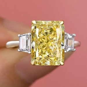 5ct Canary Yellow Radiant cut Lab Diamond Three Stone Engagement Ring, 14K Gold Anniversary Promise Ring Fancy Yellow Diamond Wedding Ring
