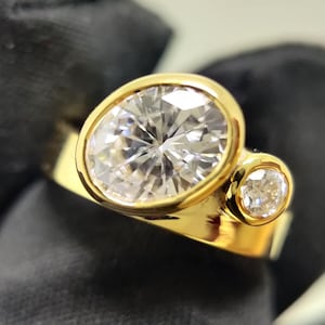 Oval Moissanite 14K Gold Ring: Bezel Set Wide Band Wedding Ring