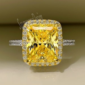 4ct Canary Yellow Diamond Engagement Ring 14k white gold Radiant Cut Lab Diamond Classic Halo Ring for Wedding anniversary Gift women