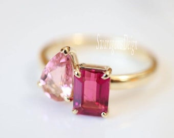 Toi Et Moi Verlobungsring Zwei-Stein-Ring 10K Gelbgold Ring Pear Cut und strahlenden Schnitt Ring für Frauen Rosa Diamantring Geschenk für sie