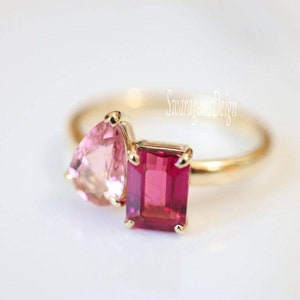 18k gold Toi Et Moi Lab Diamond Ring Barbie Ring  Two Stone Pear and Radiant Diamond Ring, Pink & Ruby Birthstone Ring For Daughter