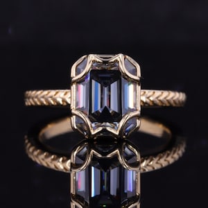 Dark Gray Emerald Cut Moissanite Ring Bezel Set Solitaire Engagement ring 14K Yellow Gold anniversary Gift Ring for women Gift For Grandma