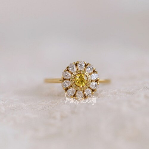 Yellow Diamond Cluster Ring. 1.50 Ct shops Yellow Round Lab Diamond Engagement Ring, Unique Design Wedding Ring, 10k Solid Yellow Gold Ring.