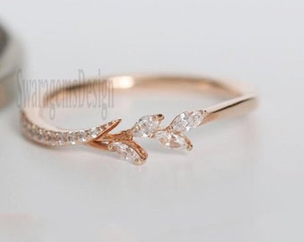 Classic Engagement Jewellery Anniversary Gift, 14K Rose Gold Marquise Cut Moissanite Wedding Band, Leaf Style Half Eternity, Gift for Her