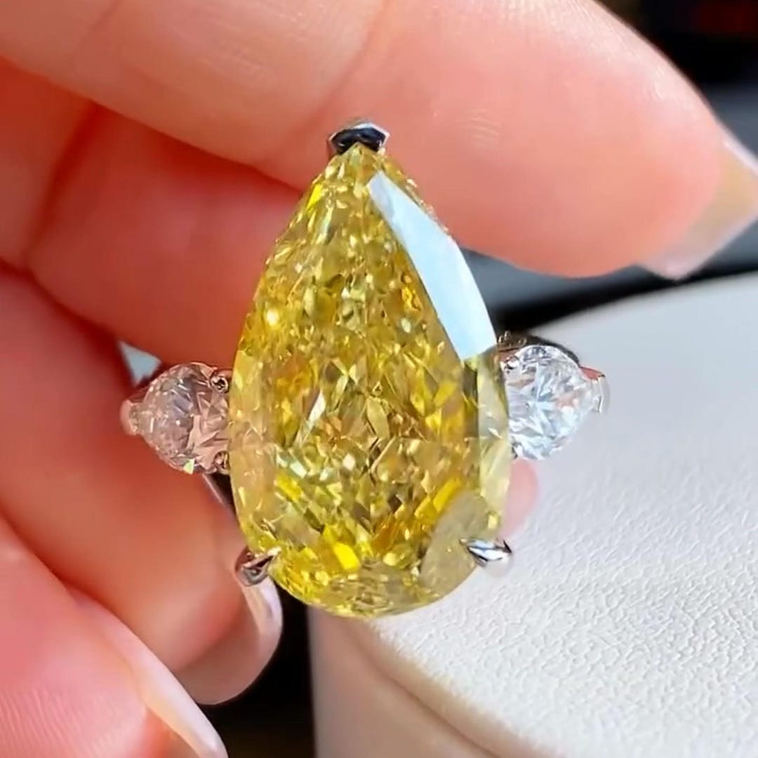 5CT Yellow Pear Cut Lab Diamond Three Stone Engagement Ring Large Pear ...