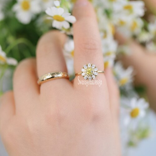 Yellow Diamond Cluster Ring. 1.50 Ct shops Yellow Round Lab Diamond Engagement Ring, Unique Design Wedding Ring, 10k Solid Yellow Gold Ring.