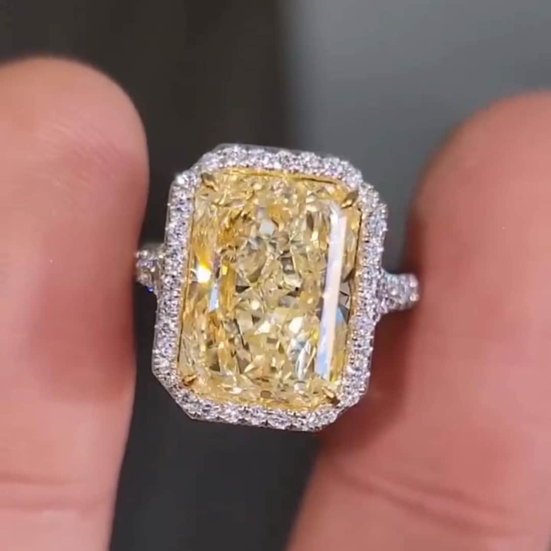 5ct Radiant Cut Light Yellow Lab Diamond Engagement Ring: Two-tone Halo ...