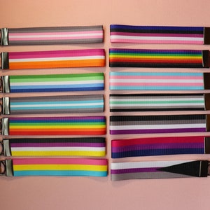 Może przedstawiać: Kolekcja breloków do kluczy z różnymi wzorami w paski w kolorach takich jak różowy, pomarańczowy, zielony, niebieski i tęczowy. Każdy brelok ma metalowy pierścień i brązową pętlę.