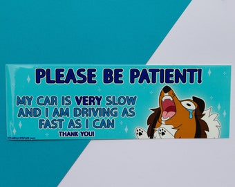 Könnte beinhalten: Ein blauer und weißer Autoaufkleber mit einem Comic-Hund mit einem verzweifelten Ausdruck. Der Aufkleber lautet "PLEASE BE PATIENT! MY CAR IS VERY SLOW AND I AM DRIVING AS FAST AS I CAN. THANK YOU!"