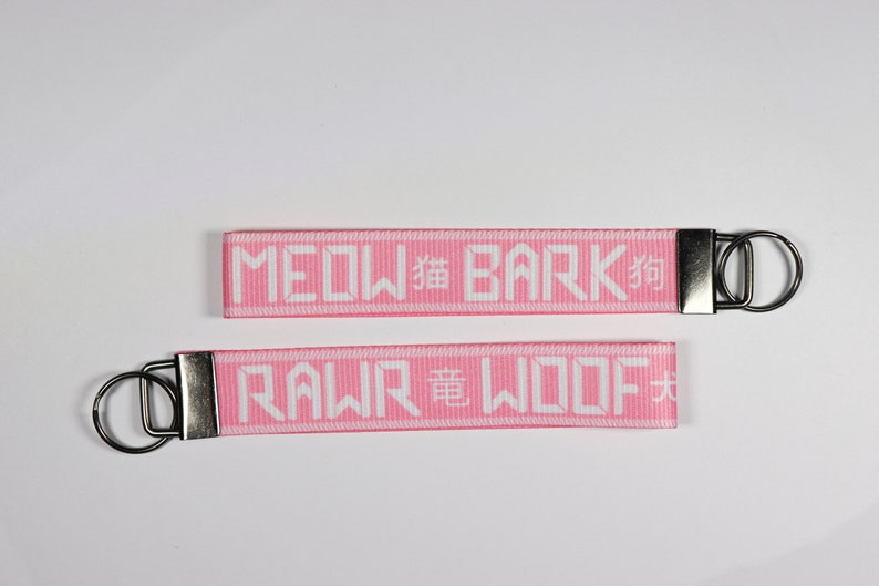 Pode incluir: Dois chaveiros rosa com texto branco. O chaveiro superior diz "MEOW" e "BARK" com um caractere japon&ecirc;s. O chaveiro inferior diz "RAWR" e "WOOF" com um caractere japon&ecirc;s. Cada chaveiro tem um fecho e um anel de metal prateado.